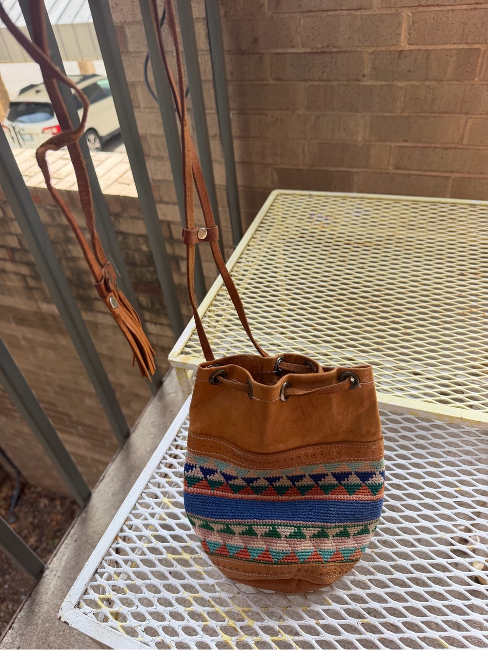 Women’s Tan Suede Boho Drawstring Bucket Bag with Multicolor Embroidery